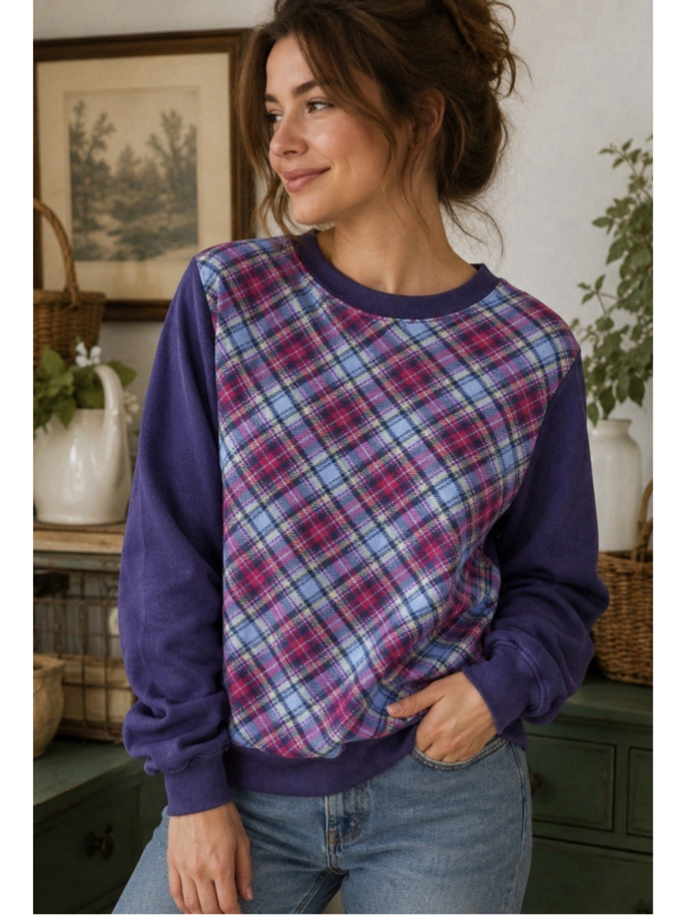 Vintage Blair Plaid Sweatshirt Womens Medium Purple Pink Cottagecore Grandpa